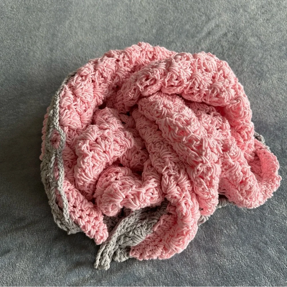 NWOT Handmade Throw knitted Pink and Gray Crochet Baby Blanket